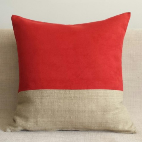 Faux Suede & Hemp Panel - cushion cover - square - red/natural 